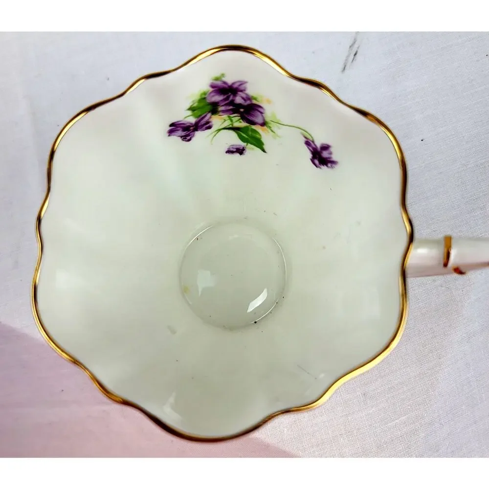 VNTG Victorian C and E Bone China Fluted Teacup Saucer Purple Violets No Flaws